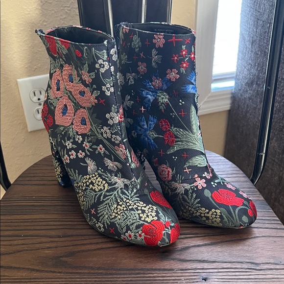 attention Shoes - Attention Navy Floral Embroidered Ankle Boots